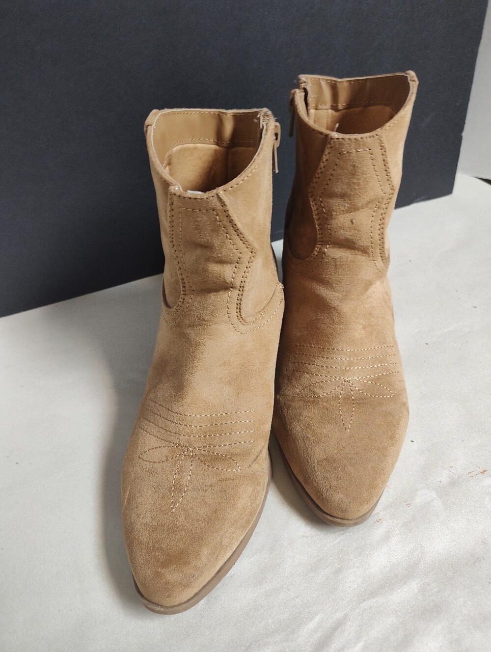 Qupid Tan Faux Suede Women's Ankle Boots - Stylish Western-Inspired Booties